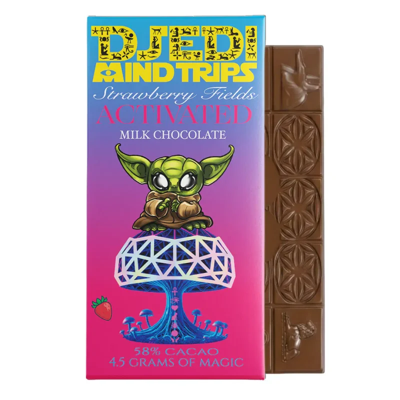 Djedi Mind Trips Strawberry Fields Activated Milk Chocolate bar packaging featuring a colorful psychedelic design with a cartoon character and mushroom illustration, shown with an unwrapped milk chocolate bar
