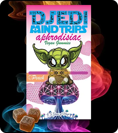 Close-up of Djedi Mind Trips' Peach Passion Gummies with sacred fungi and adaptogens