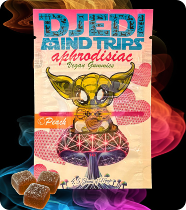 Close-up of Djedi Mind Trips' Peach Passion Gummies with sacred fungi and adaptogens
