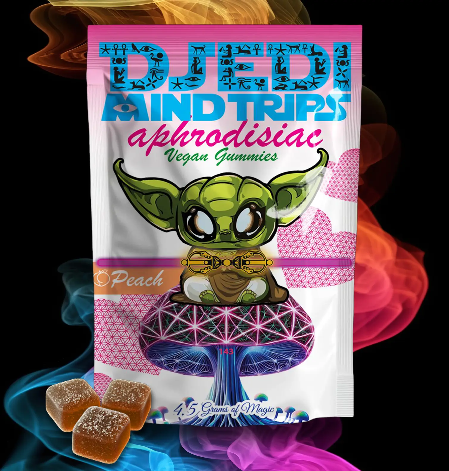 Close-up of Djedi Mind Trips' Peach Passion Gummies with sacred fungi and adaptogens