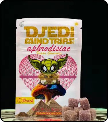 Close-up of Djedi Mind Trips' Peach Passion Gummies with sacred fungi and adaptogens